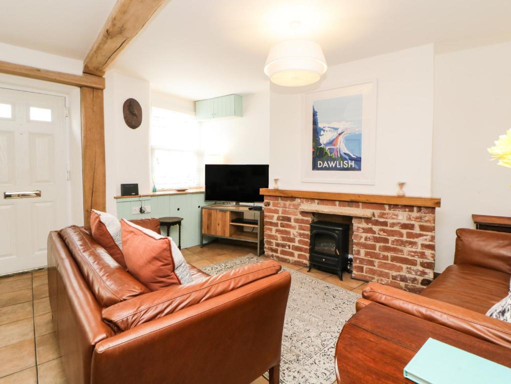 Light-filled open plan living space with wood burner